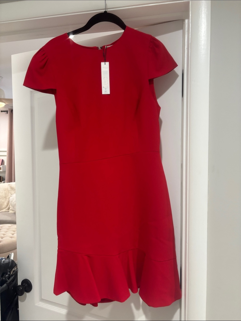 Alice + Olivia Bold Red Short-Sleeve Mini Dress with Flounced Hem